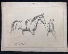 1930's British Sporting Art Equestrian Sketch Groom with Stallion Horse