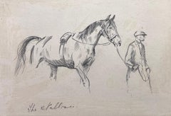 1930's British Sporting Art Equestrian Sketch Groom with Stallion Horse 