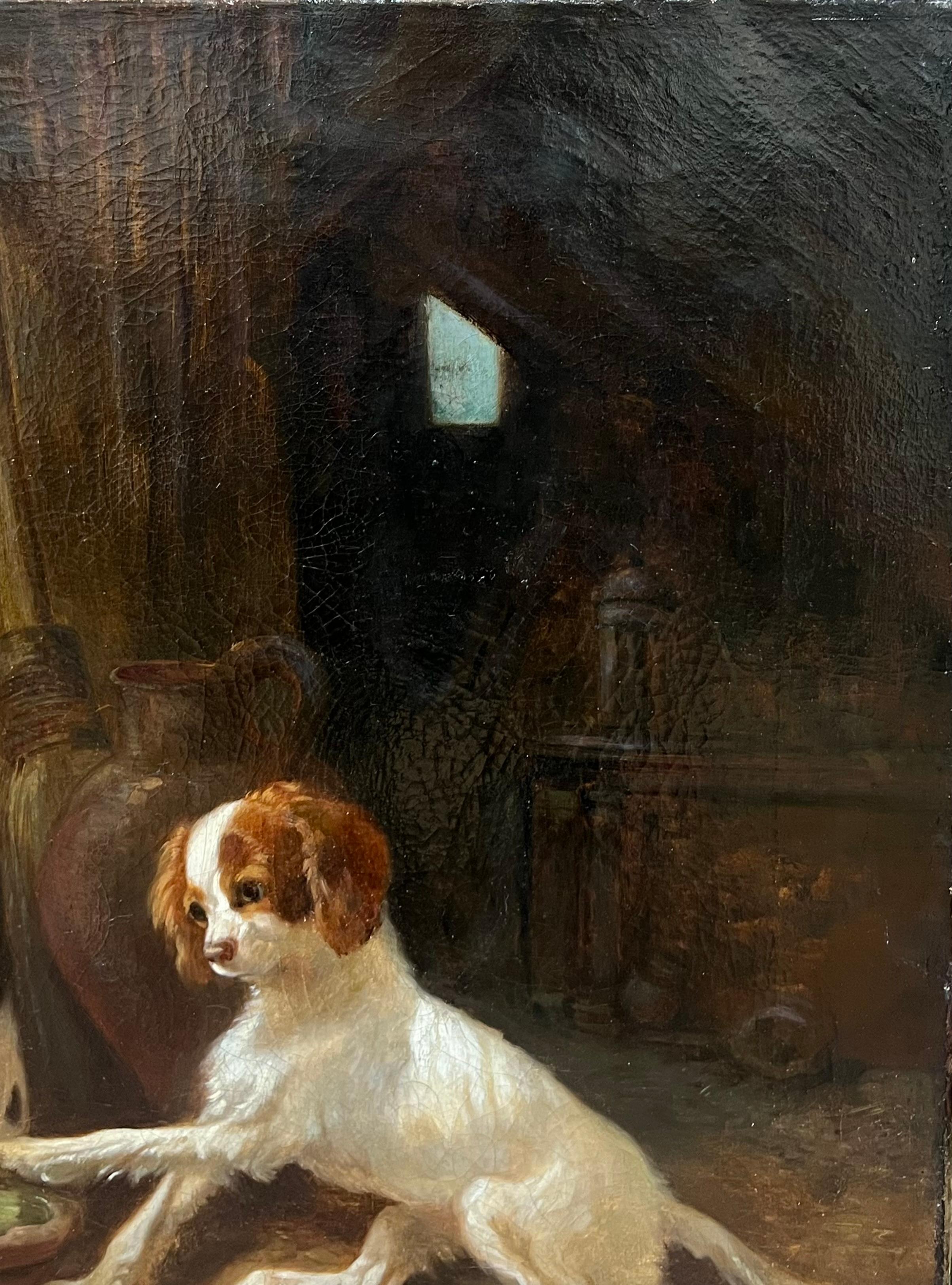 Victorian English 19thC. Oil Playful King Charles Dogs Gathered Around a Bowl 6