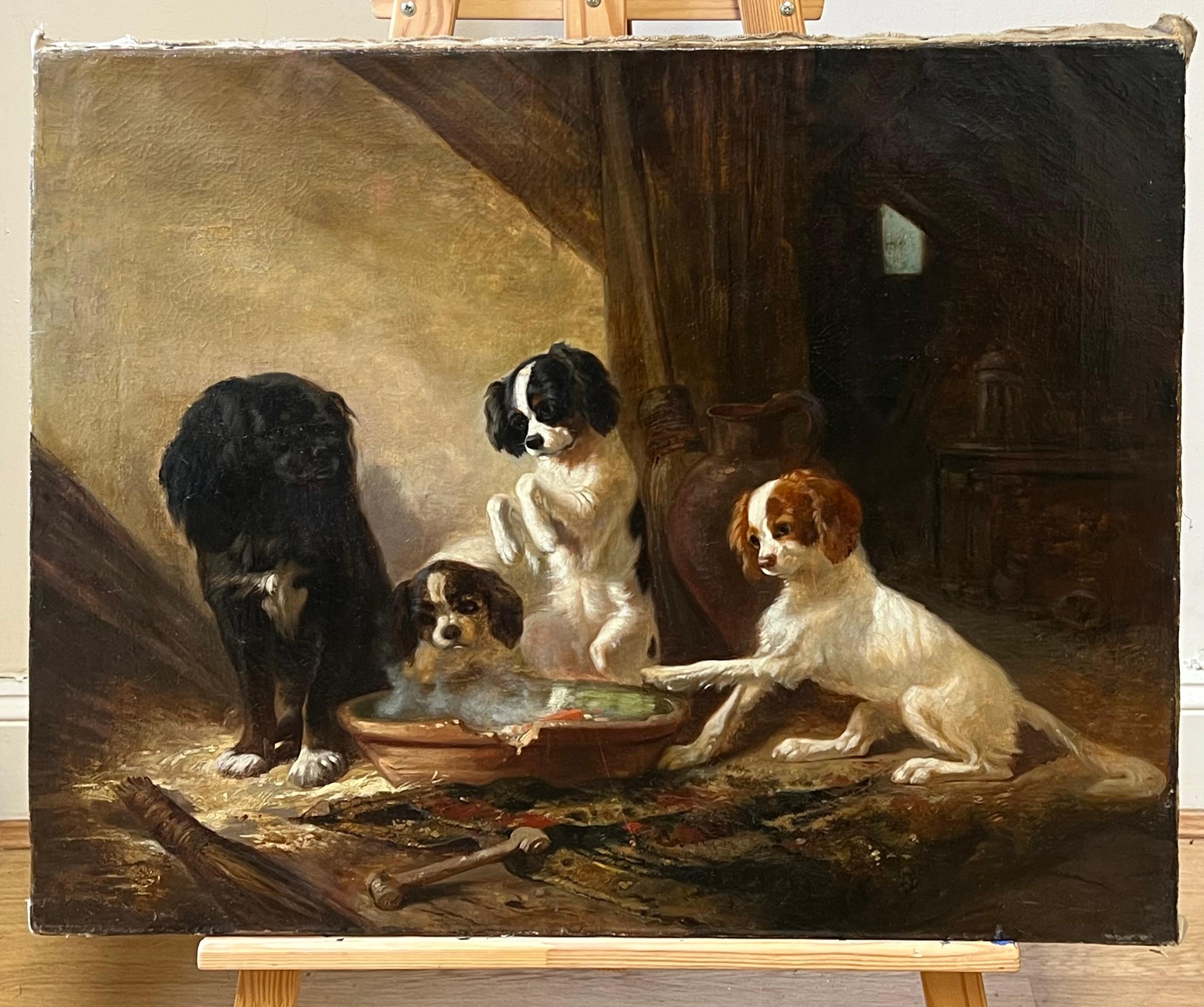 Victorian English 19thC. Oil Playful King Charles Dogs Gathered Around a Bowl - Painting by circle of Sir Edwin Landseer