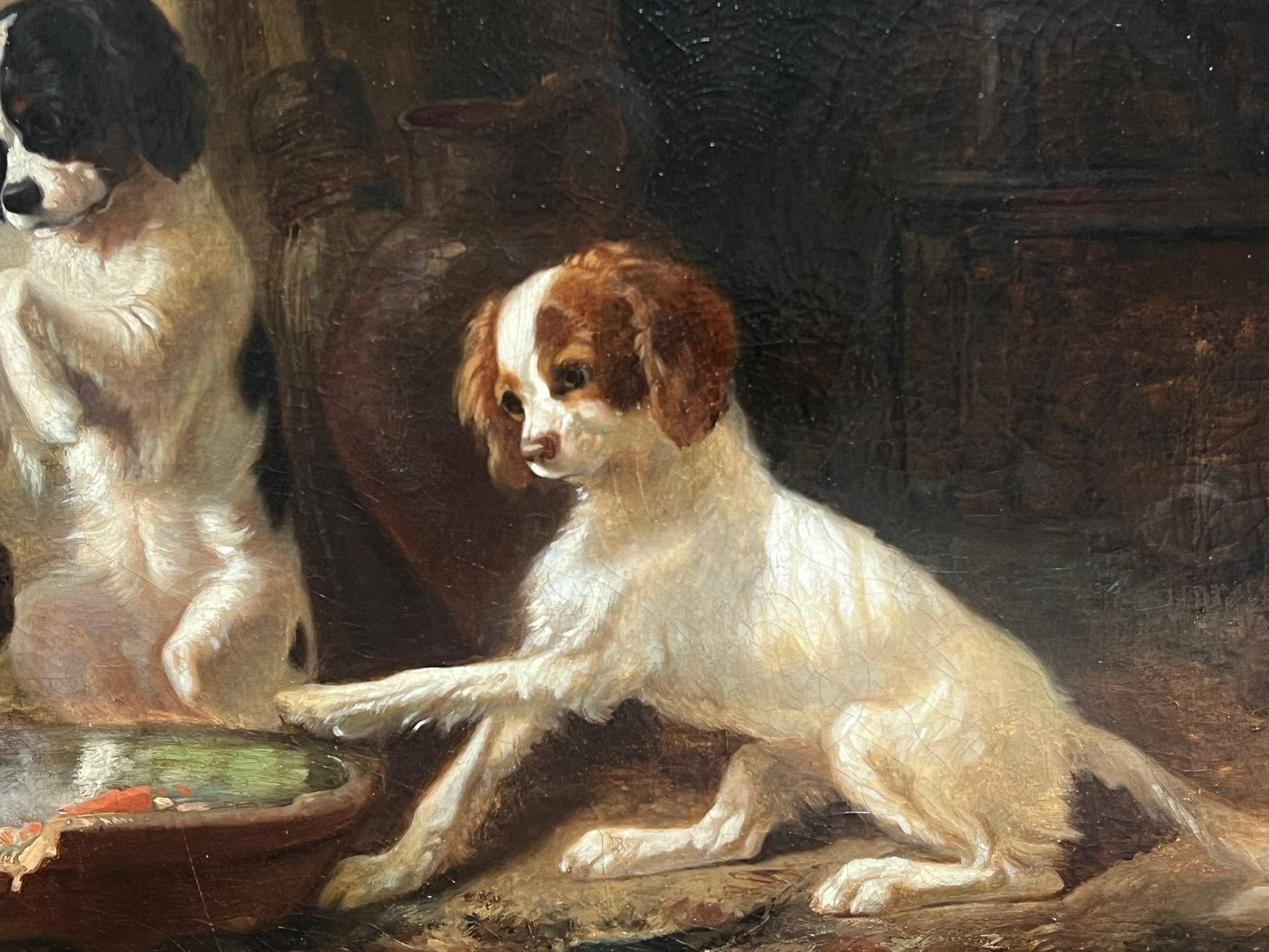 Victorian English 19thC. Oil Playful King Charles Dogs Gathered Around a Bowl - Black Animal Painting by circle of Sir Edwin Landseer