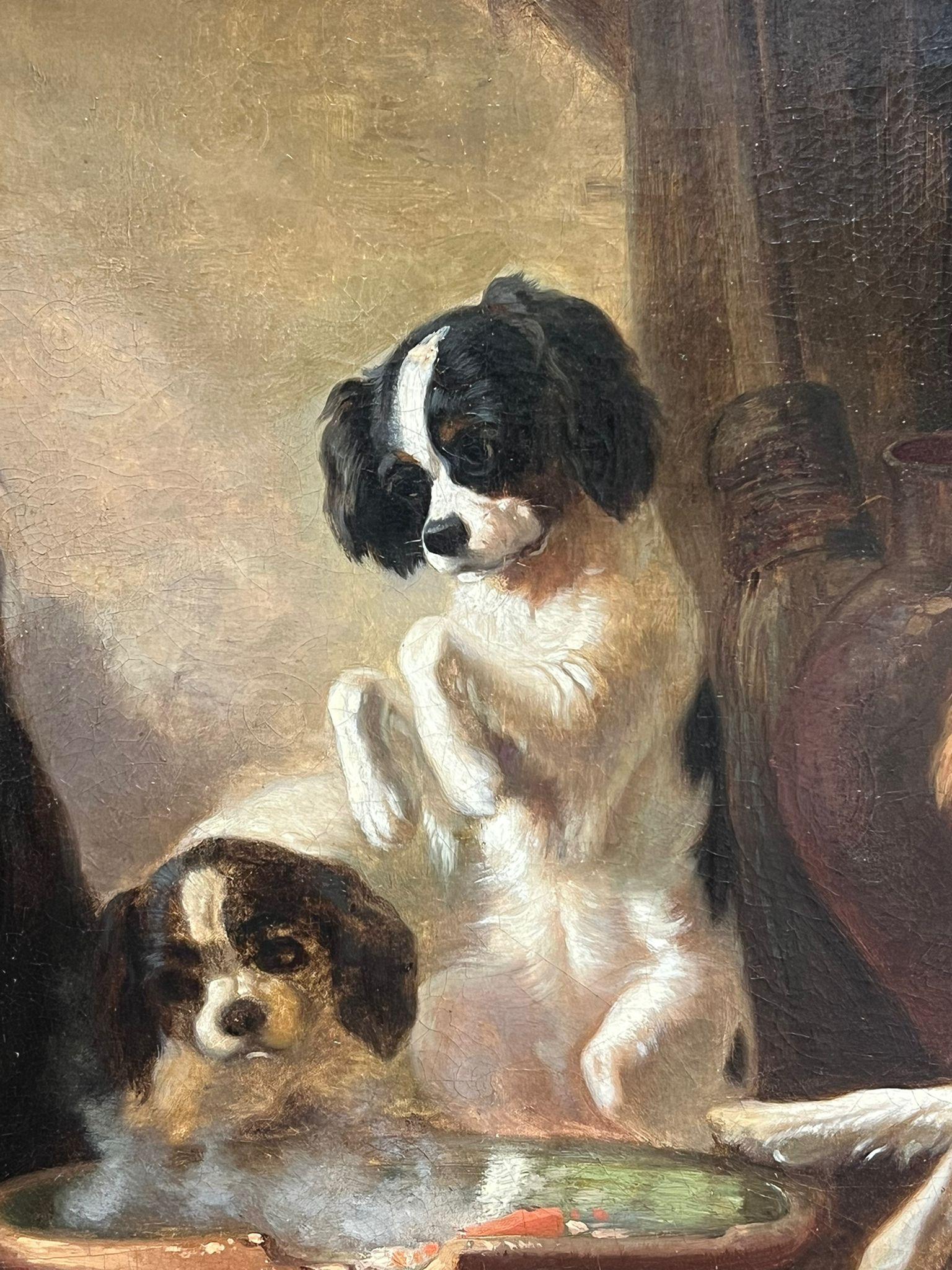Victorian English 19thC. Oil Playful King Charles Dogs Gathered Around a Bowl 1