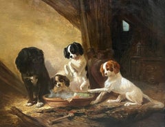 Victorian English 19thC. Oil Playful King Charles Dogs Gathered Around a Bowl