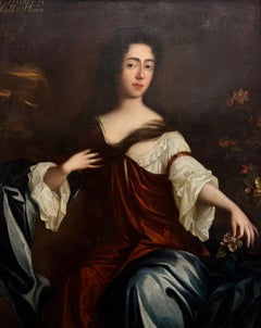 Fine 17thC British Portrait Aristocratic Lady Holding Flowers Huge Oil Painting