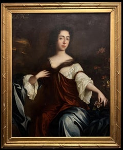 Fine 17thC British Portrait Aristocratic Lady Holding Flowers Huge Oil Painting