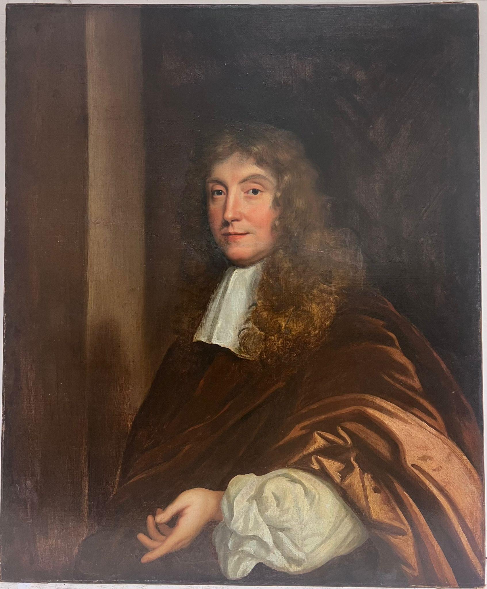 Fine peinture à l'huile britannique du 17e siècle représentant un gentleman en robe de soie - Painting de Circle of Sir Peter Lely