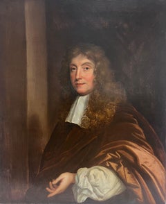 Fine peinture à l'huile britannique du 17e siècle représentant un gentleman en robe de soie