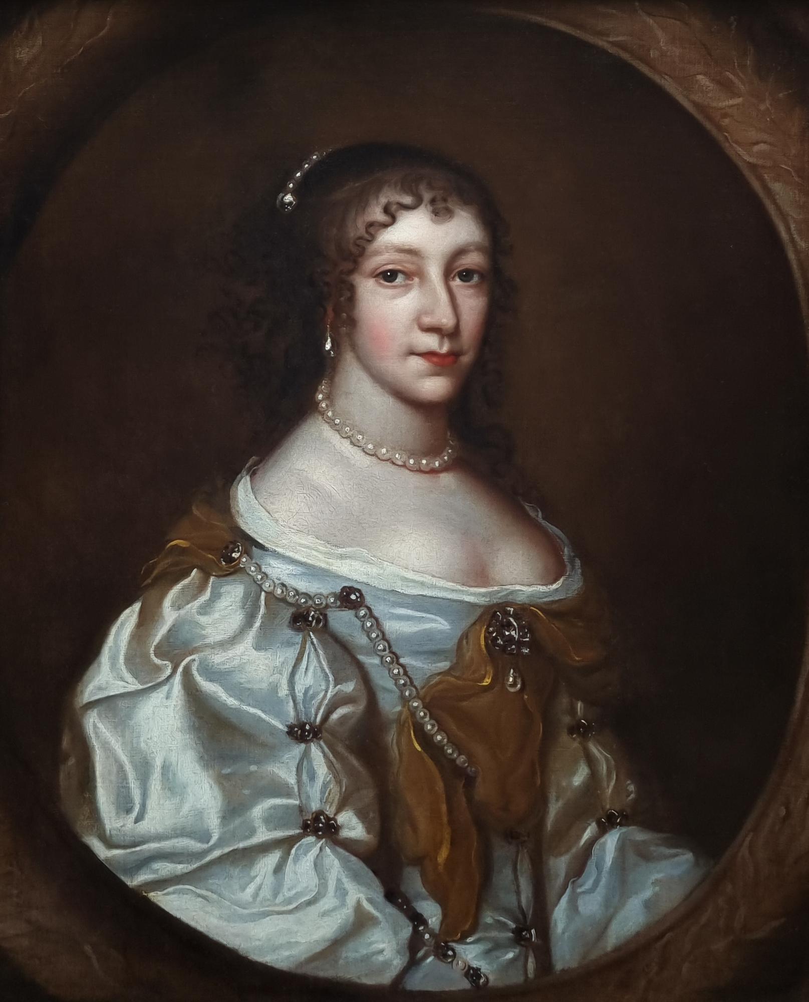Portrait of a Lady in Silver Silk Dress & Pearls c.1660, Oil on canvas painting - Painting by (Circle of) Sir Peter Lely
