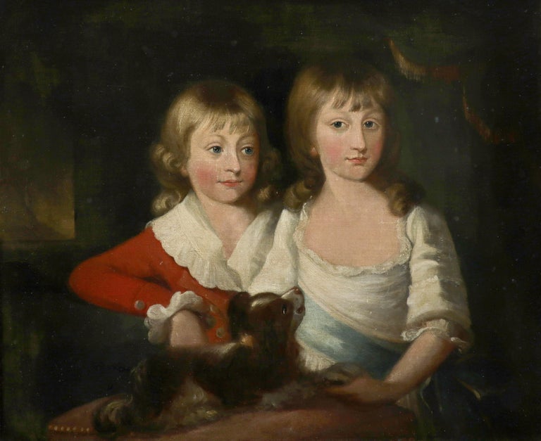 circle of Thomas Gainsborough Portrait Painting - Fine 18th Century British Oil Painting Portrait of Two Children with Spaniel Dog