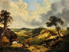 Fine Antique English Oil Painting Cattle & Travelers Rural Countryside Landscape