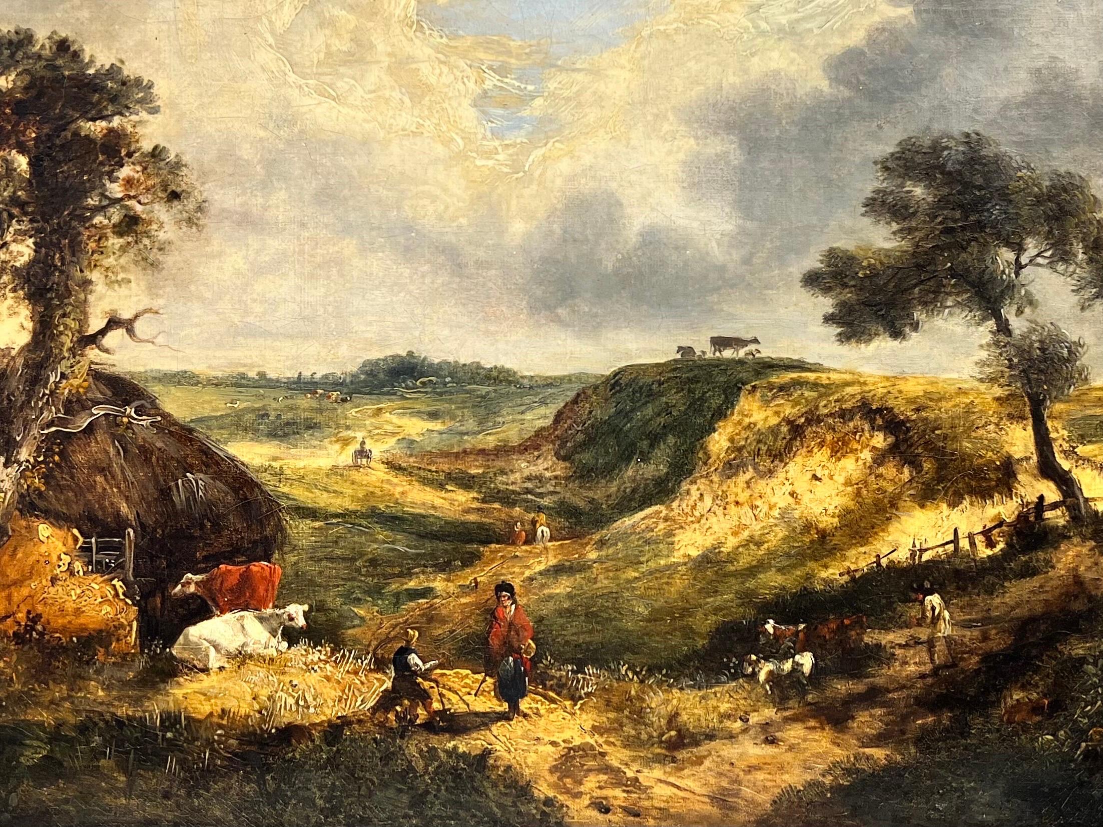 Pintura al óleo inglesa antigua Paisaje rural de ganado y viajeros - Painting Antiguos maestros de circle of Thomas Gainsborough