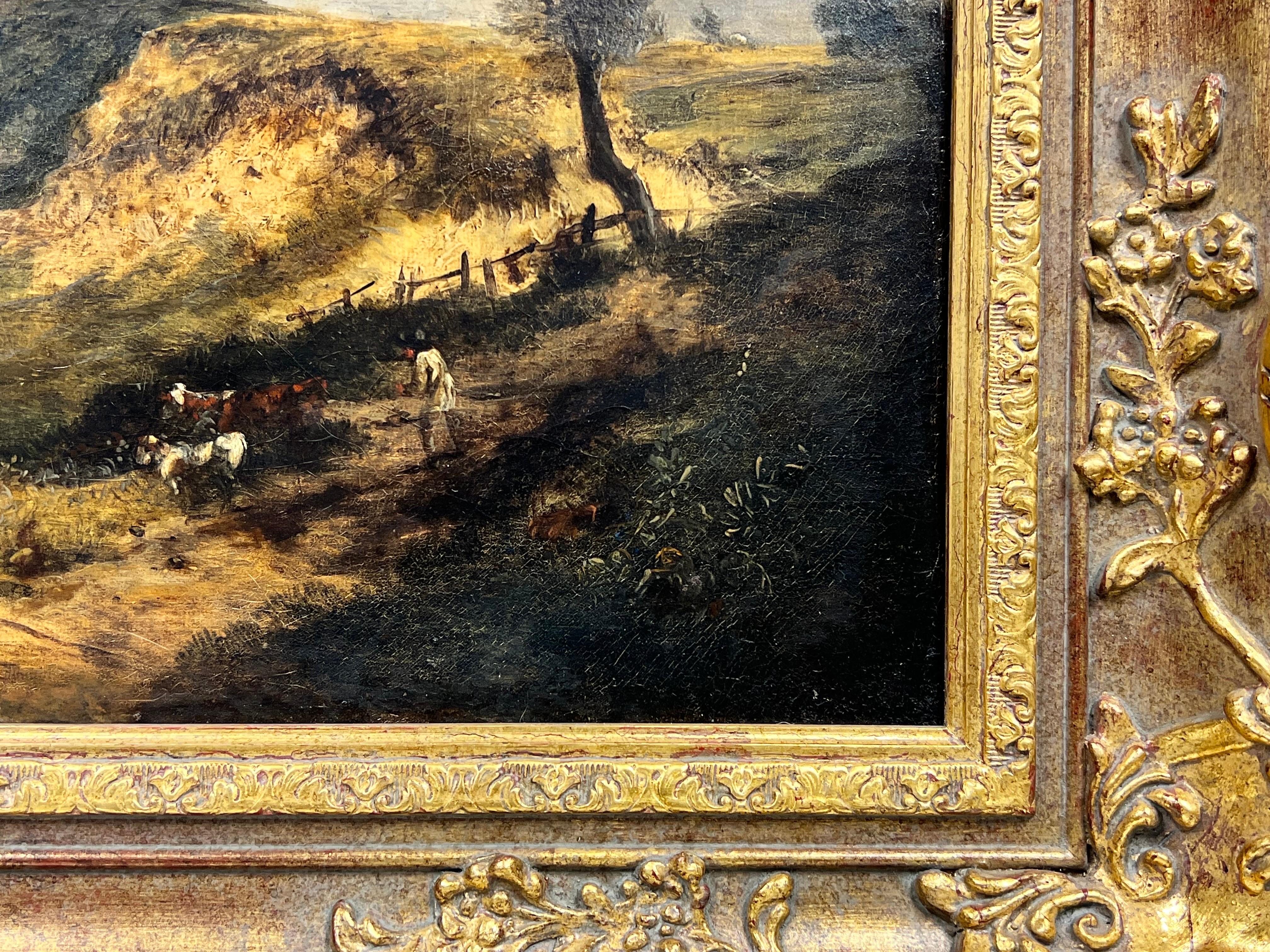 Pintura al óleo inglesa antigua Paisaje rural de ganado y viajeros 1