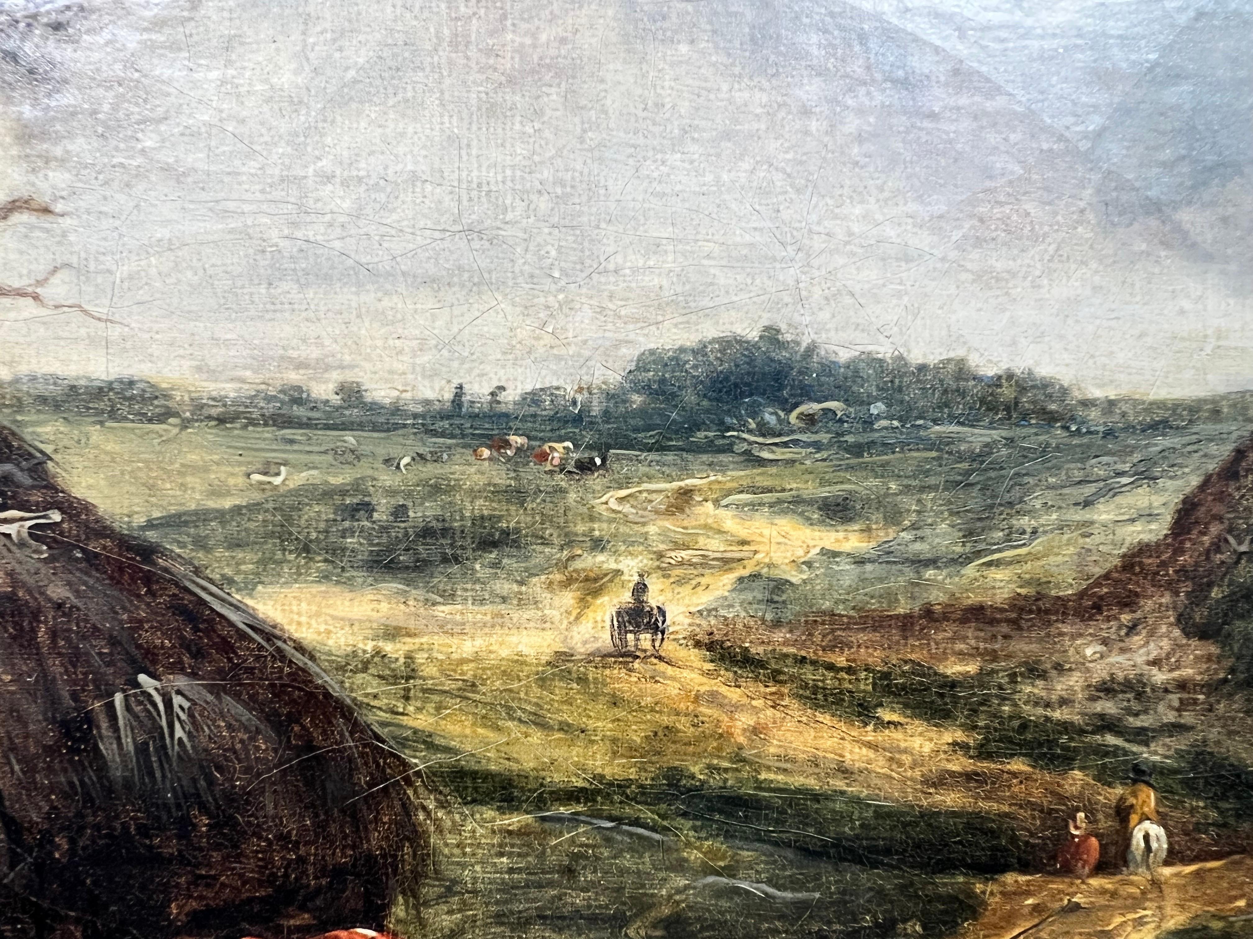 Fine Antique English Oil Painting Cattle & Travelers Rural Countryside Landscape 2