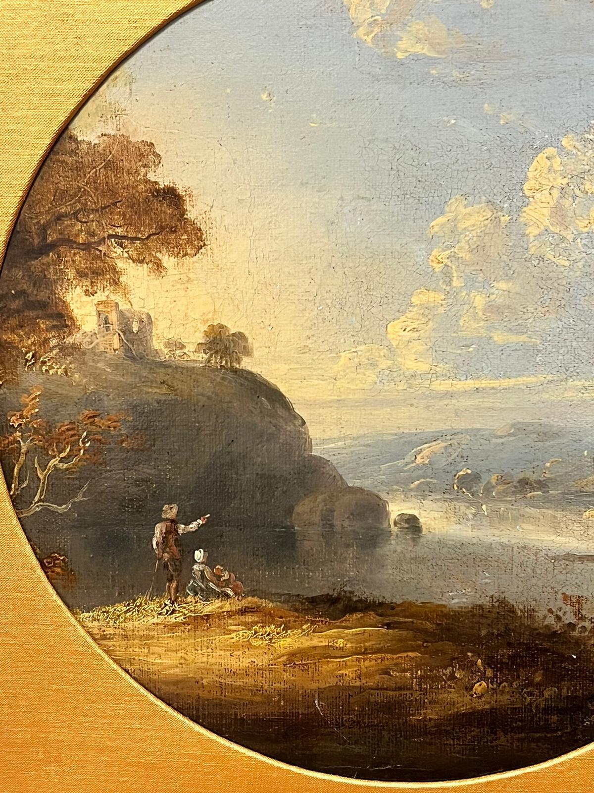 Fino óleo de paisaje británico del siglo XVIII Figuras en un bello paisaje - Landscape Painting Marrón de circle of Thomas Gainsborough 