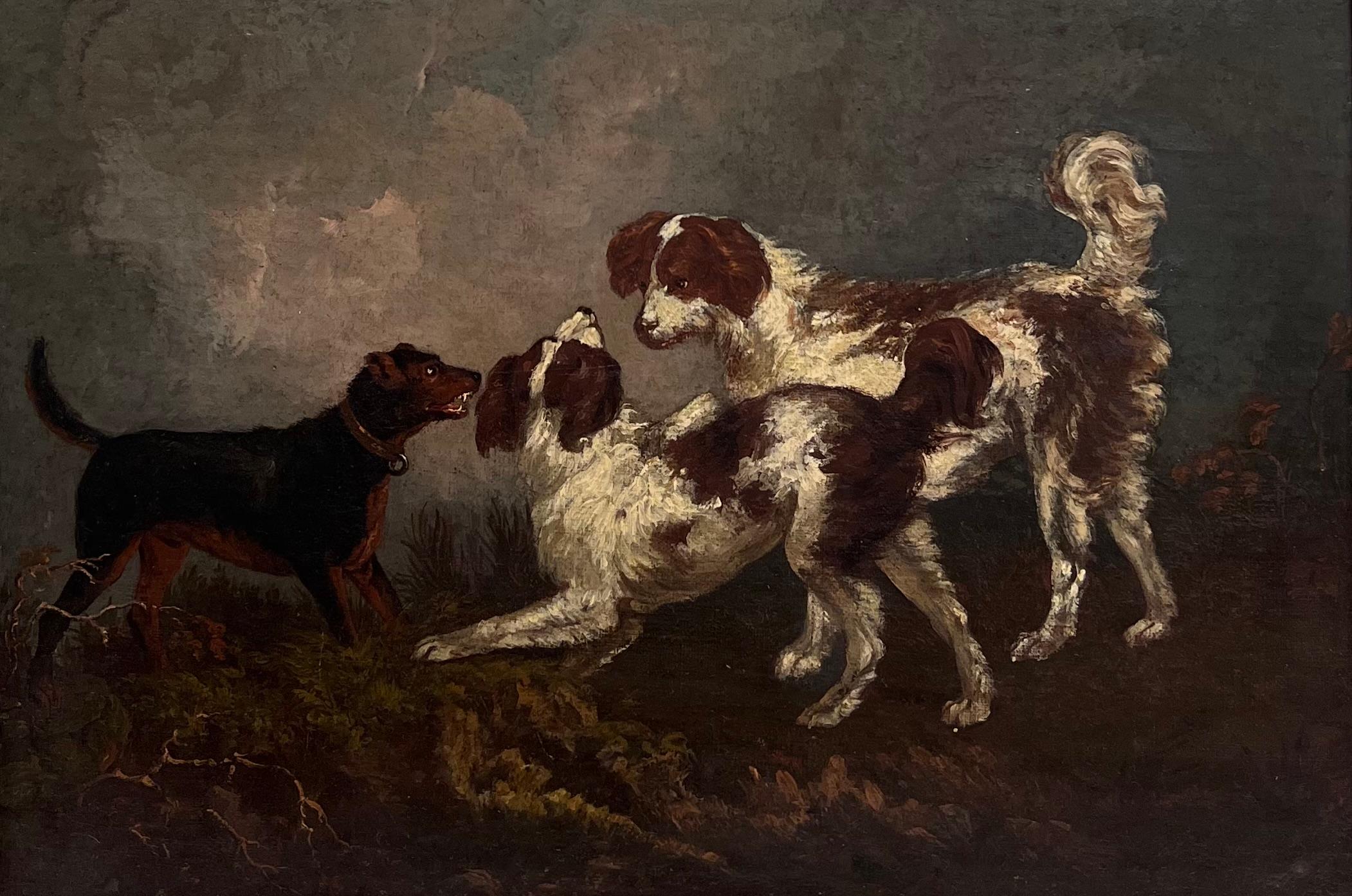 Belle peinture à l'huile sur chien du 18e siècle Spaniels et Terrier dans un paysage - Painting de circle of Thomas Gainsborough 