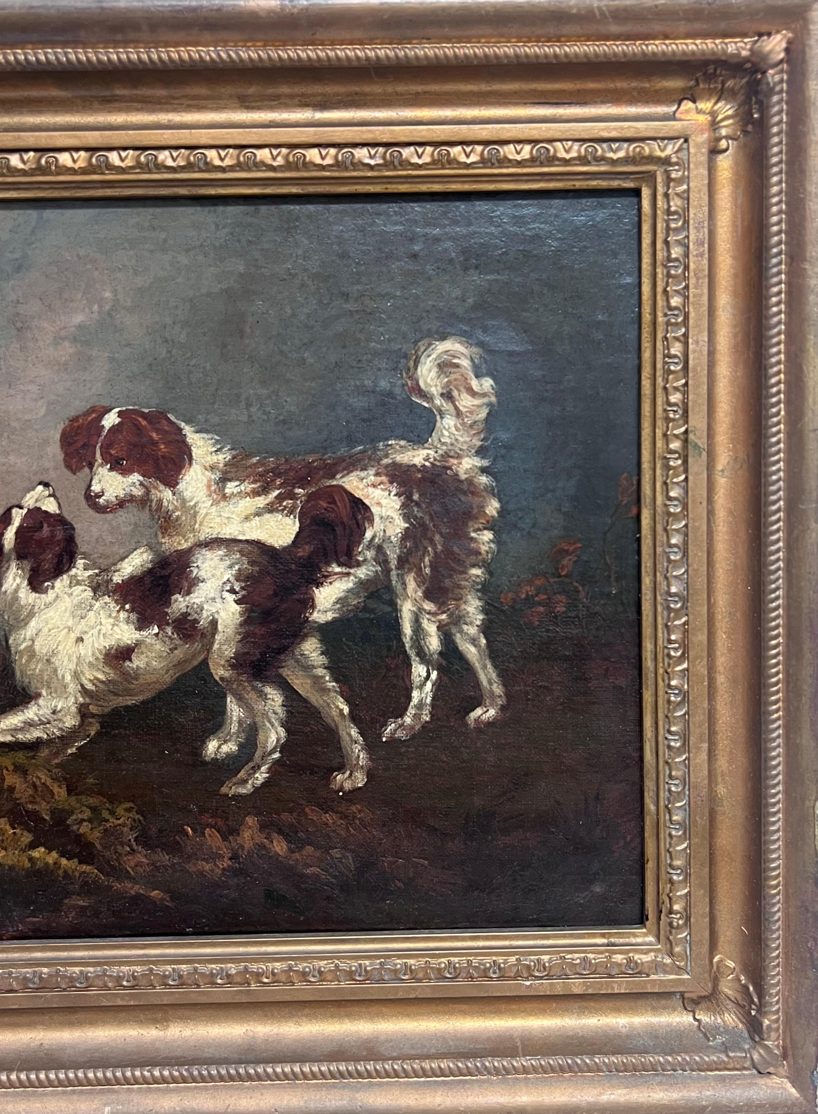Belle peinture à l'huile sur chien du 18e siècle Spaniels et Terrier dans un paysage - Noir Portrait Painting par circle of Thomas Gainsborough 