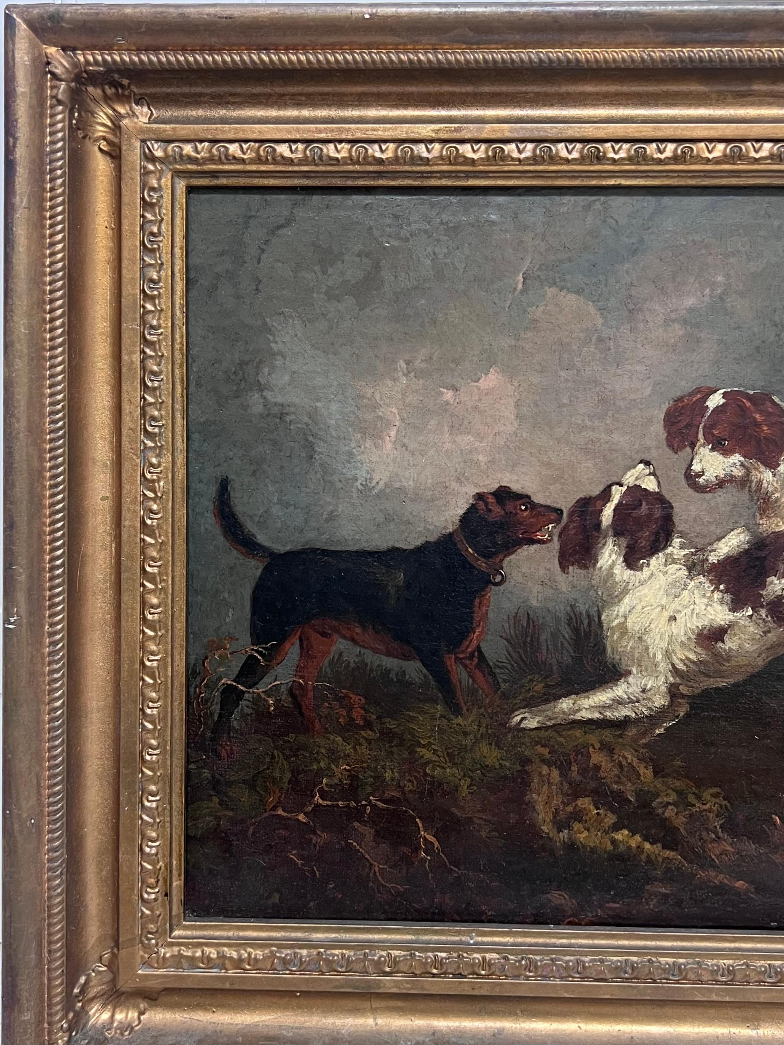 Chiens jouant dans un paysage
École anglaise, fin du 18e siècle
cercle de Thomas Gainsborough (anglais 1727-1788)
huile sur toile, encadrée
encadré : 18 x 22 pouces
toile : 12 x 16 pouces
Collectional : collection privée, Angleterre
Condit : très