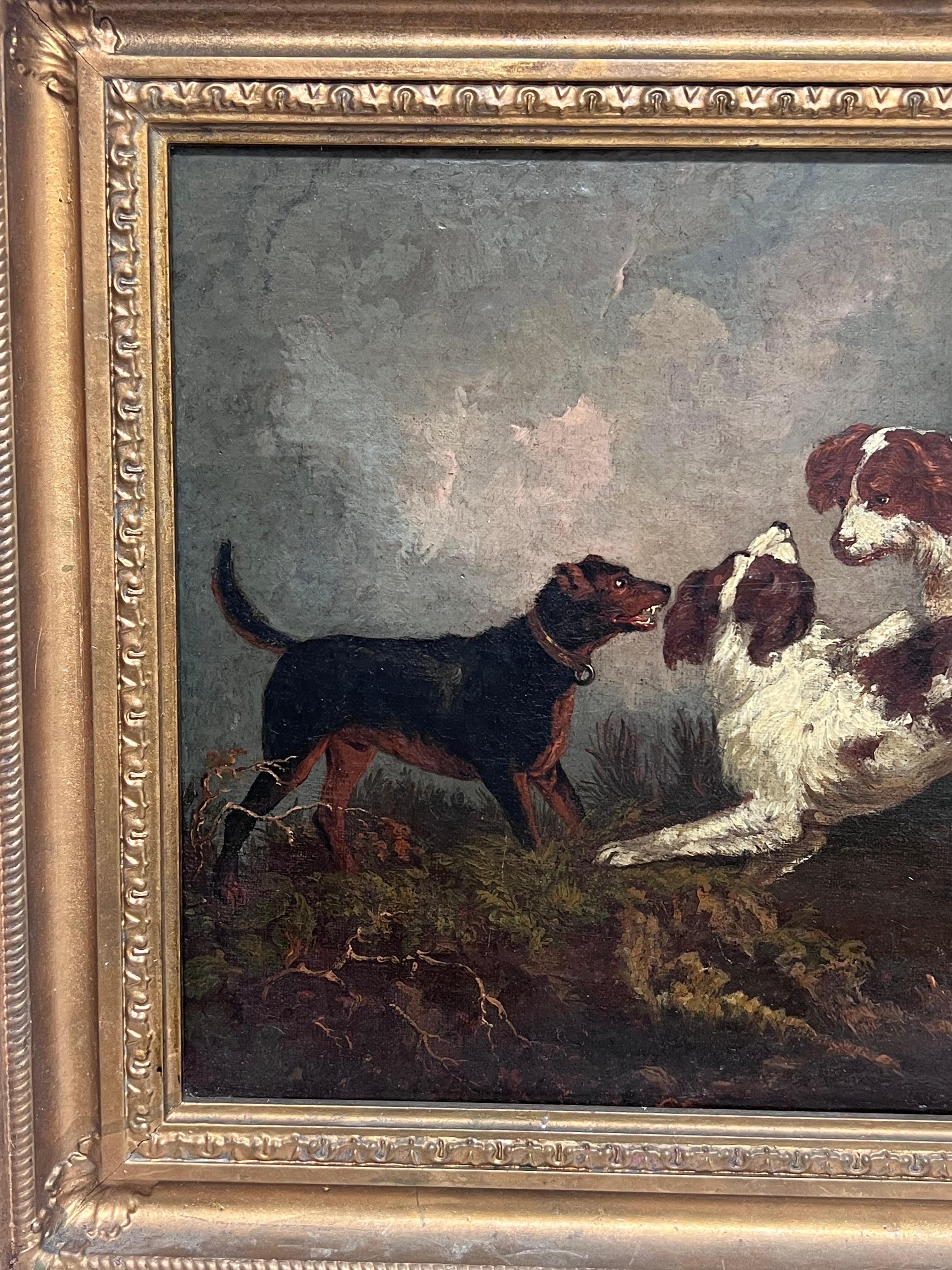 Belle peinture à l'huile sur chien du 18e siècle Spaniels et Terrier dans un paysage en vente 1