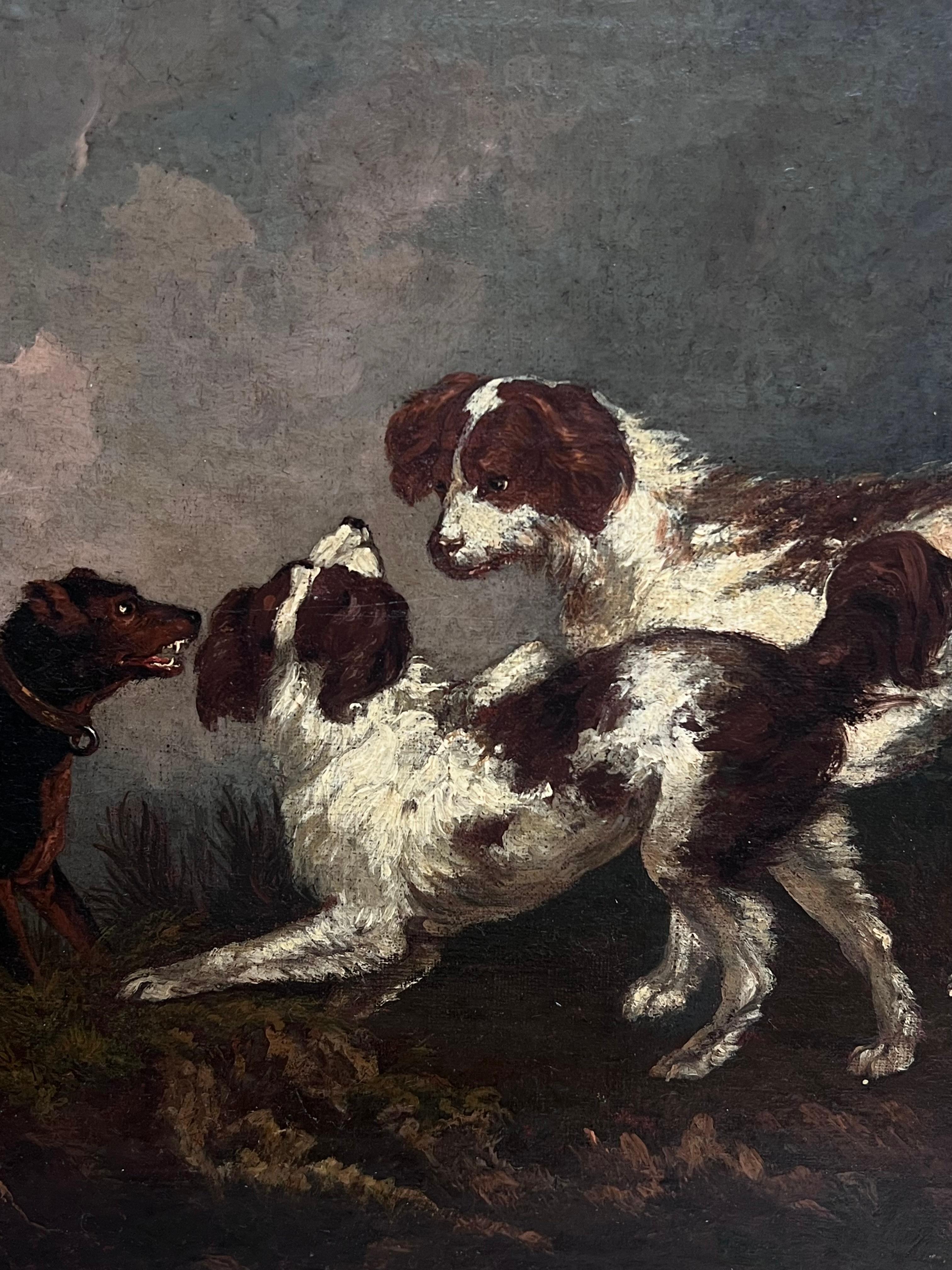 Belle peinture à l'huile sur chien du 18e siècle Spaniels et Terrier dans un paysage en vente 2