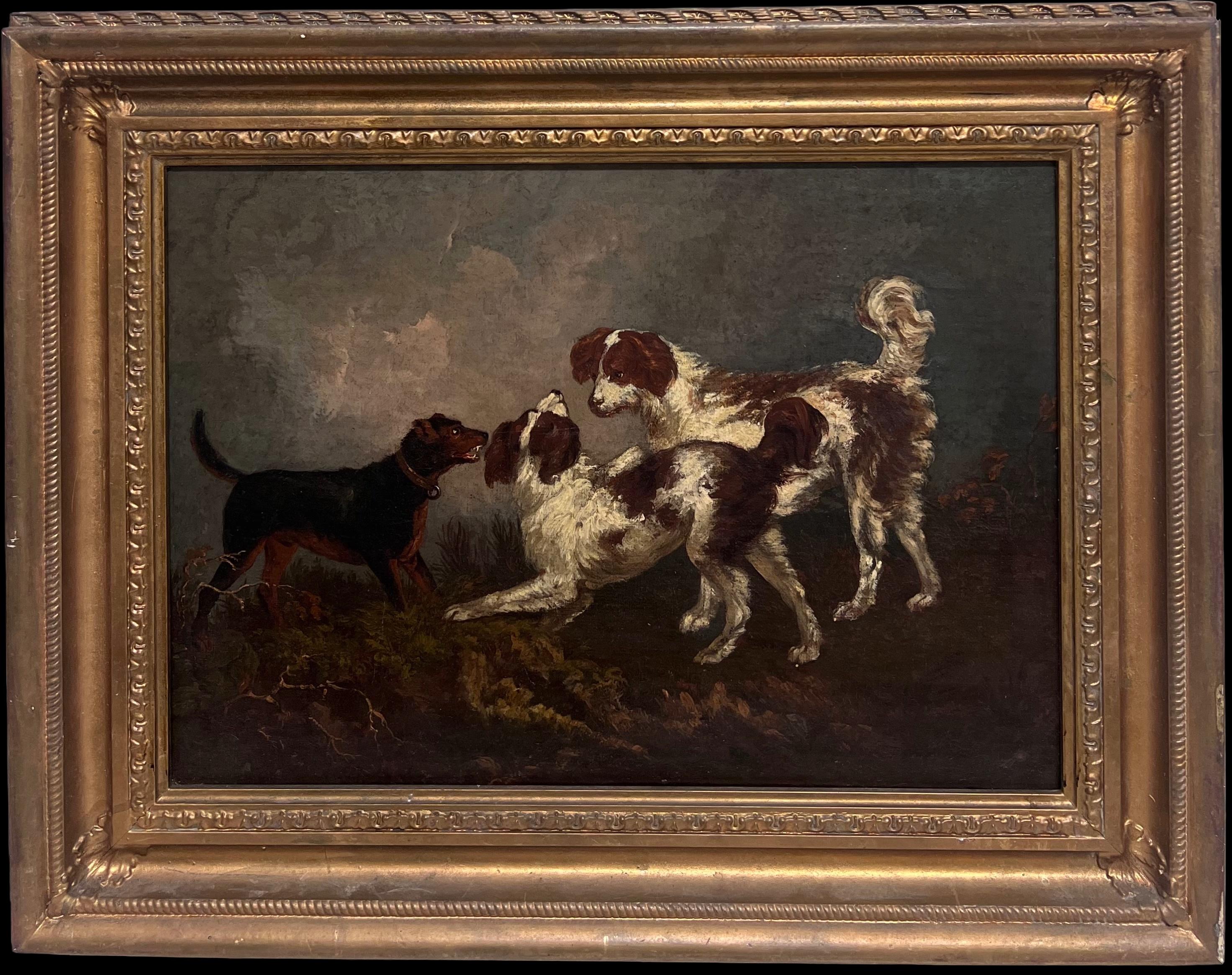 Portrait Painting circle of Thomas Gainsborough  - Belle peinture à l'huile sur chien du 18e siècle Spaniels et Terrier dans un paysage