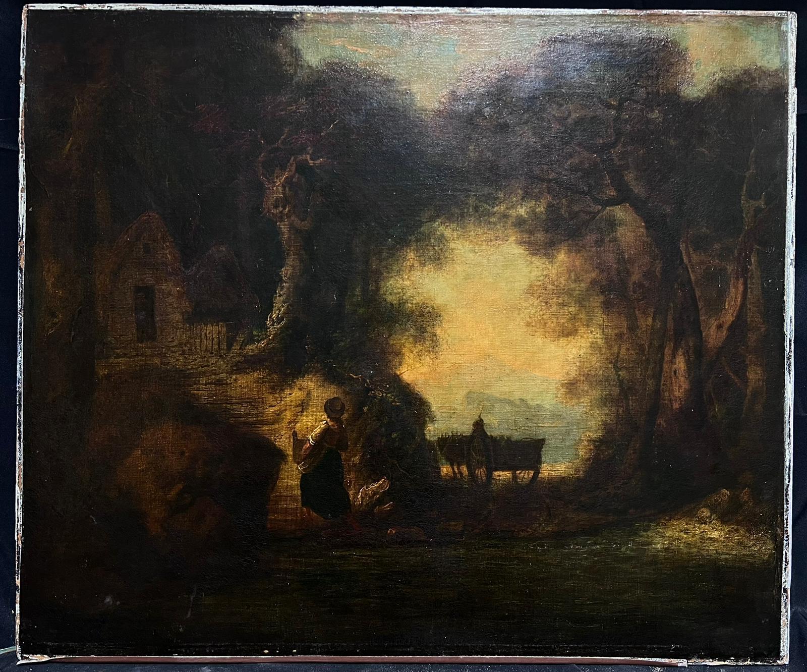 Große 18. Jahrhundert British Old Master Ölgemälde Figuren in der Abenddämmerung im Wald – Painting von circle of Thomas Gainsborough 