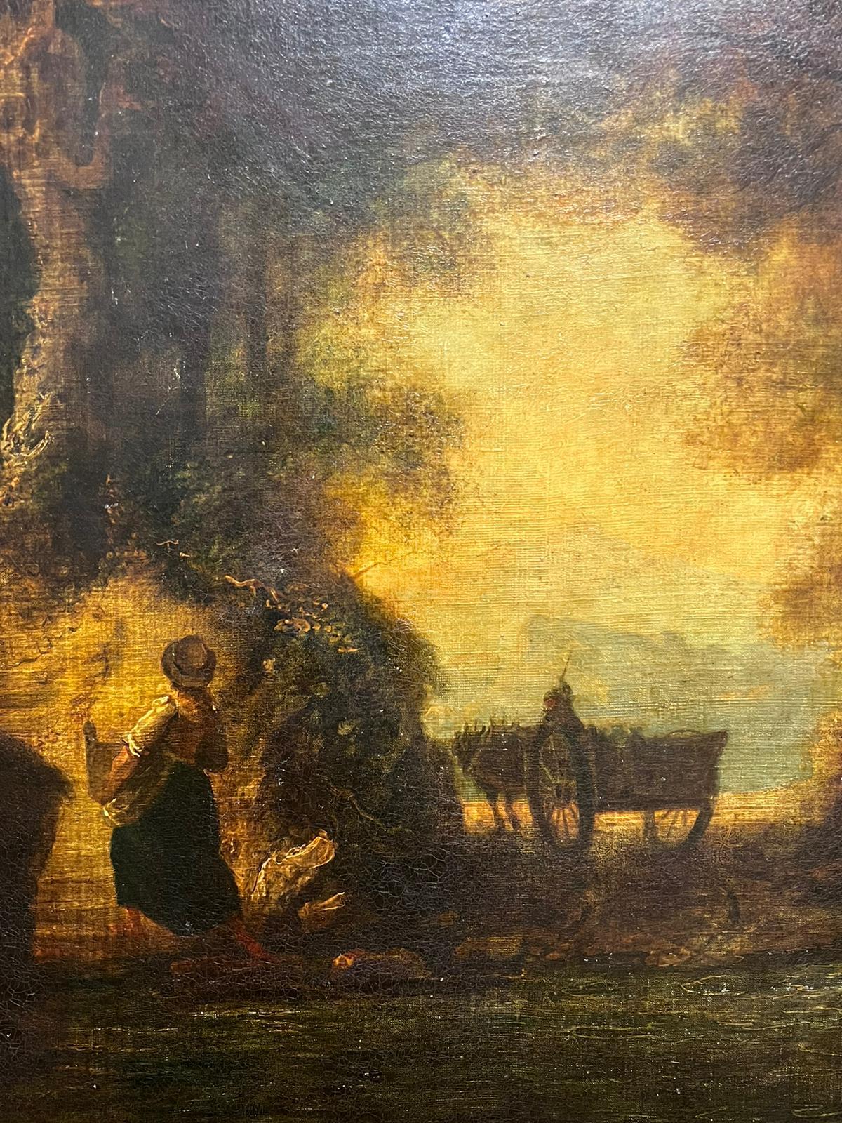 Large 18th Century British Old Master Oil Painting Figures at Dusk in Woodland For Sale 1