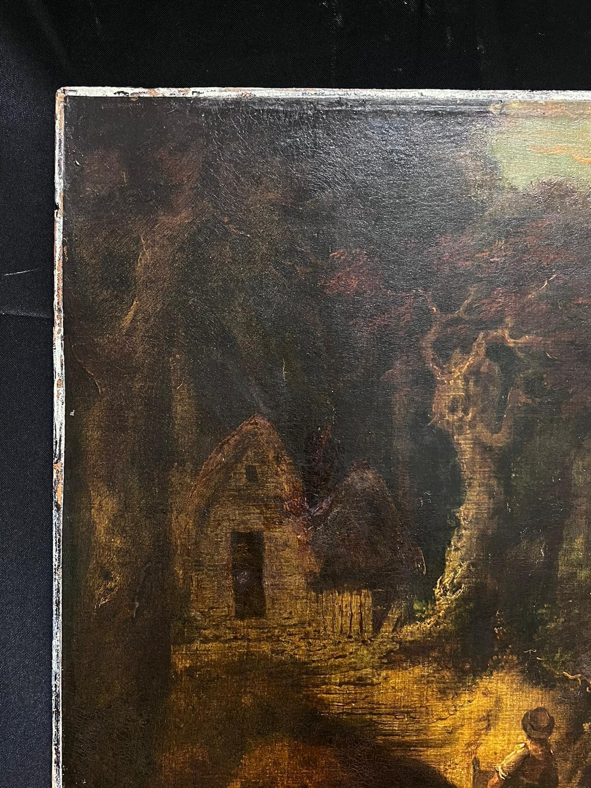 Grande peinture à l'huile de maître britannique du XVIIIe siècle Figures au crépuscule dans un bois - Maîtres anciens Painting par circle of Thomas Gainsborough 