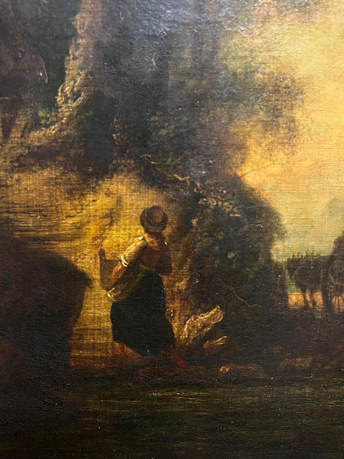 Large 18th Century British Old Master Oil Painting Figures at Dusk in Woodland For Sale 3