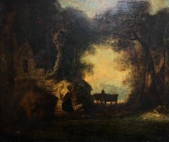 Large 18th Century British Old Master Oil Painting Figures at Dusk in Woodland