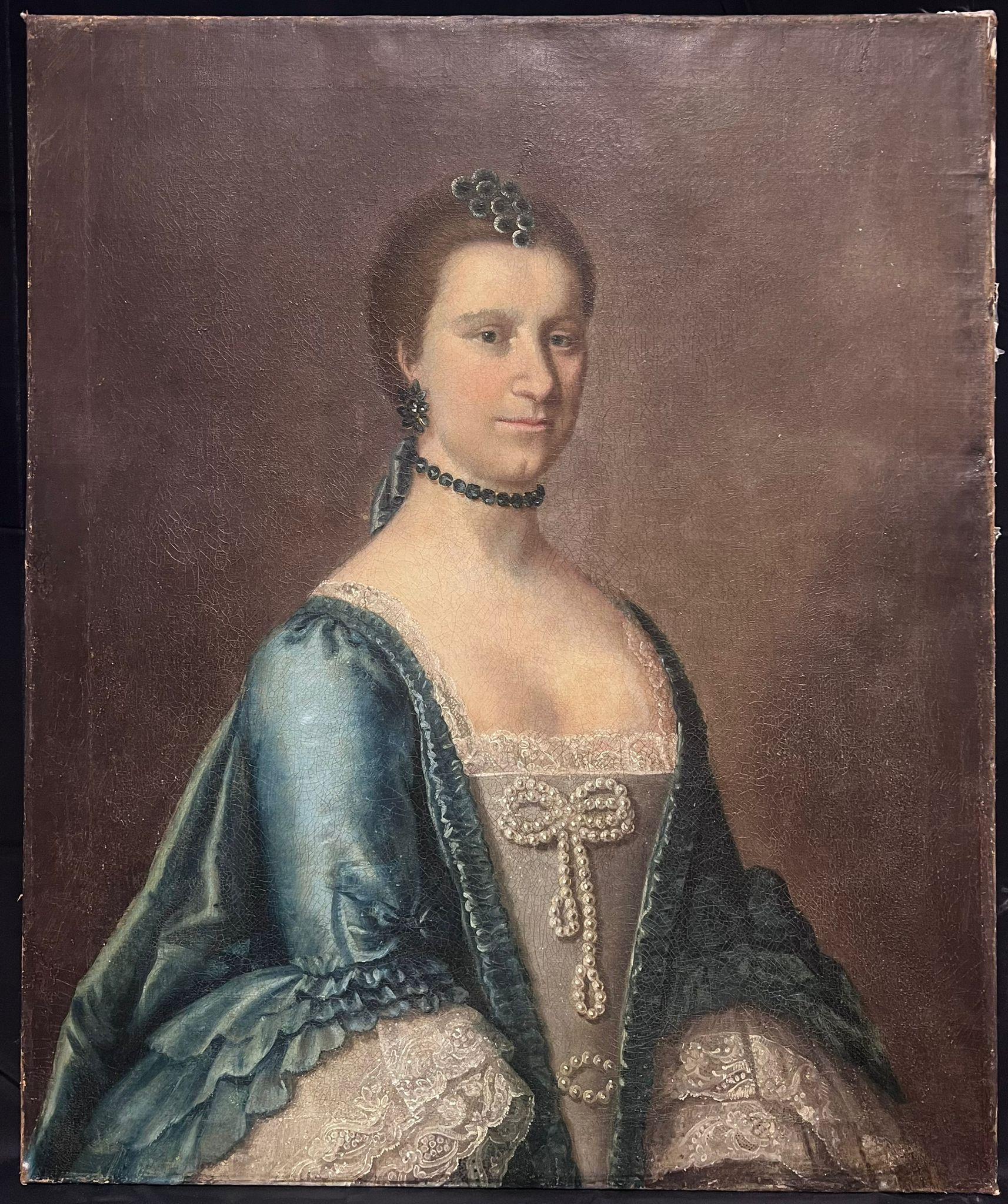 Grande dipinto a olio inglese del XVIII secolo Ritratto di signora aristocratica in blu - Painting Antichi maestri di circle of Thomas Gainsborough 