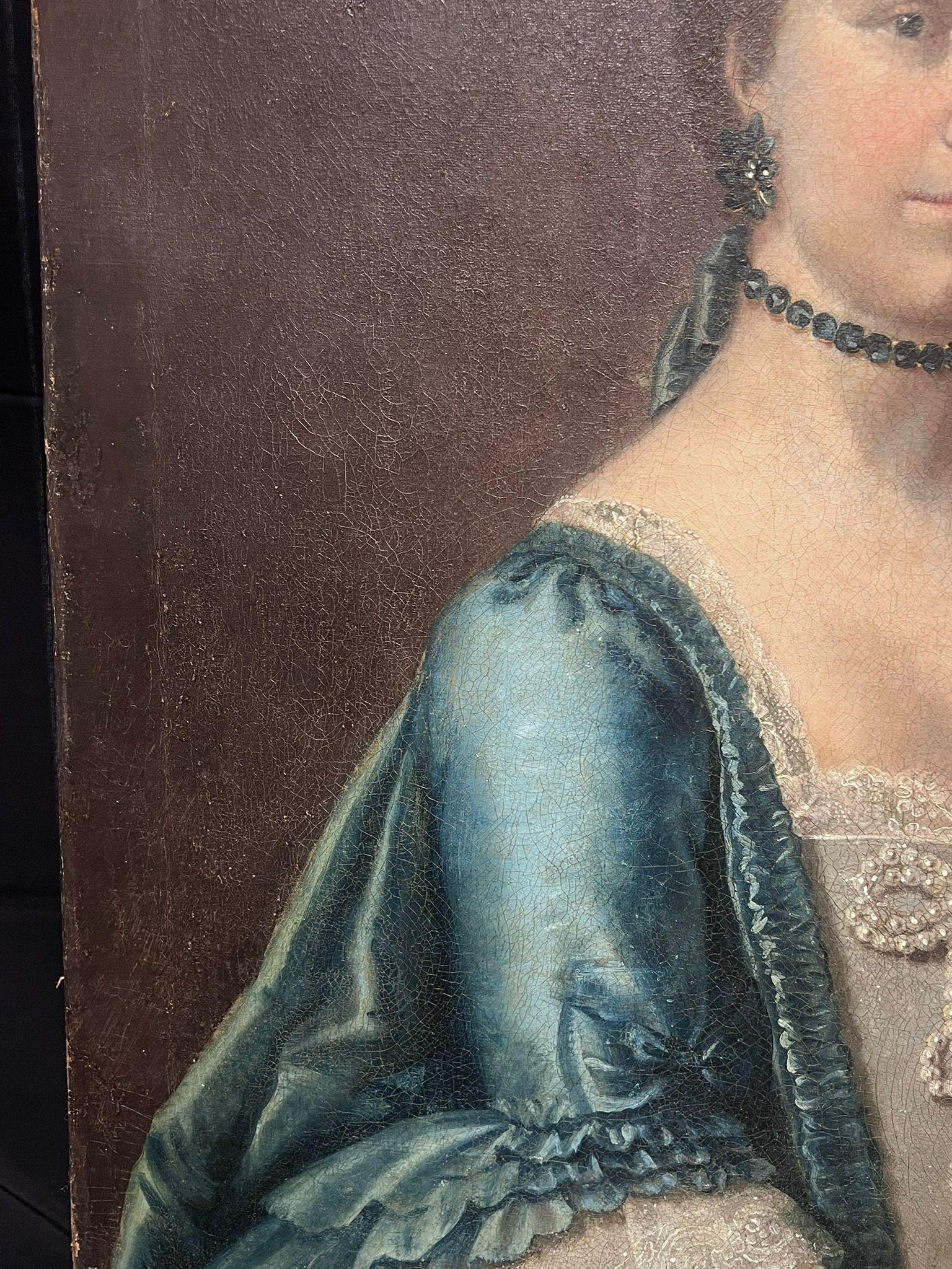 Grande dipinto a olio inglese del XVIII secolo Ritratto di signora aristocratica in blu in vendita 1
