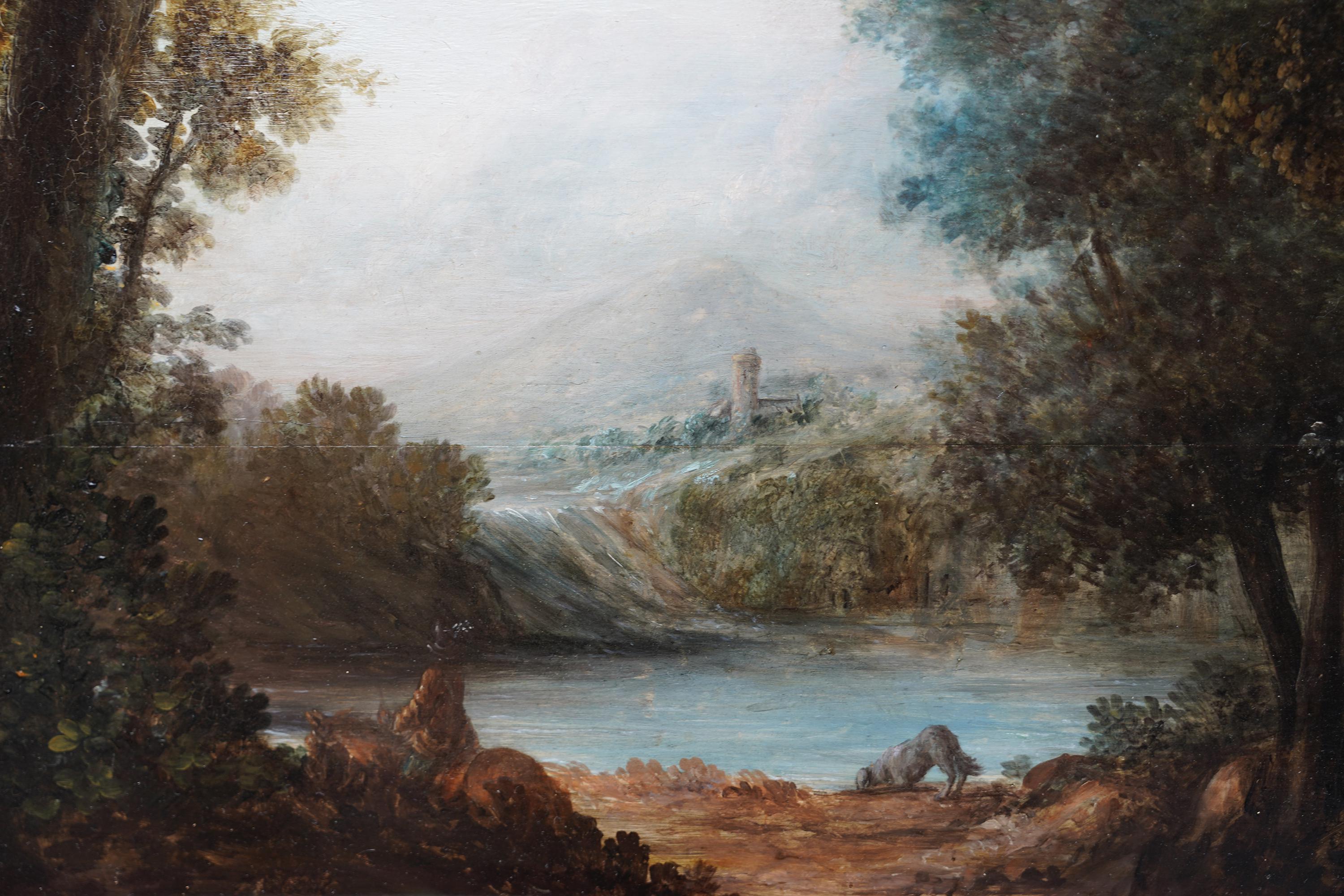 In Need of a Drink - British 18thC art Old Master oil painting landscape dog - Old Masters Painting by (circle of) Thomas Gainsborough