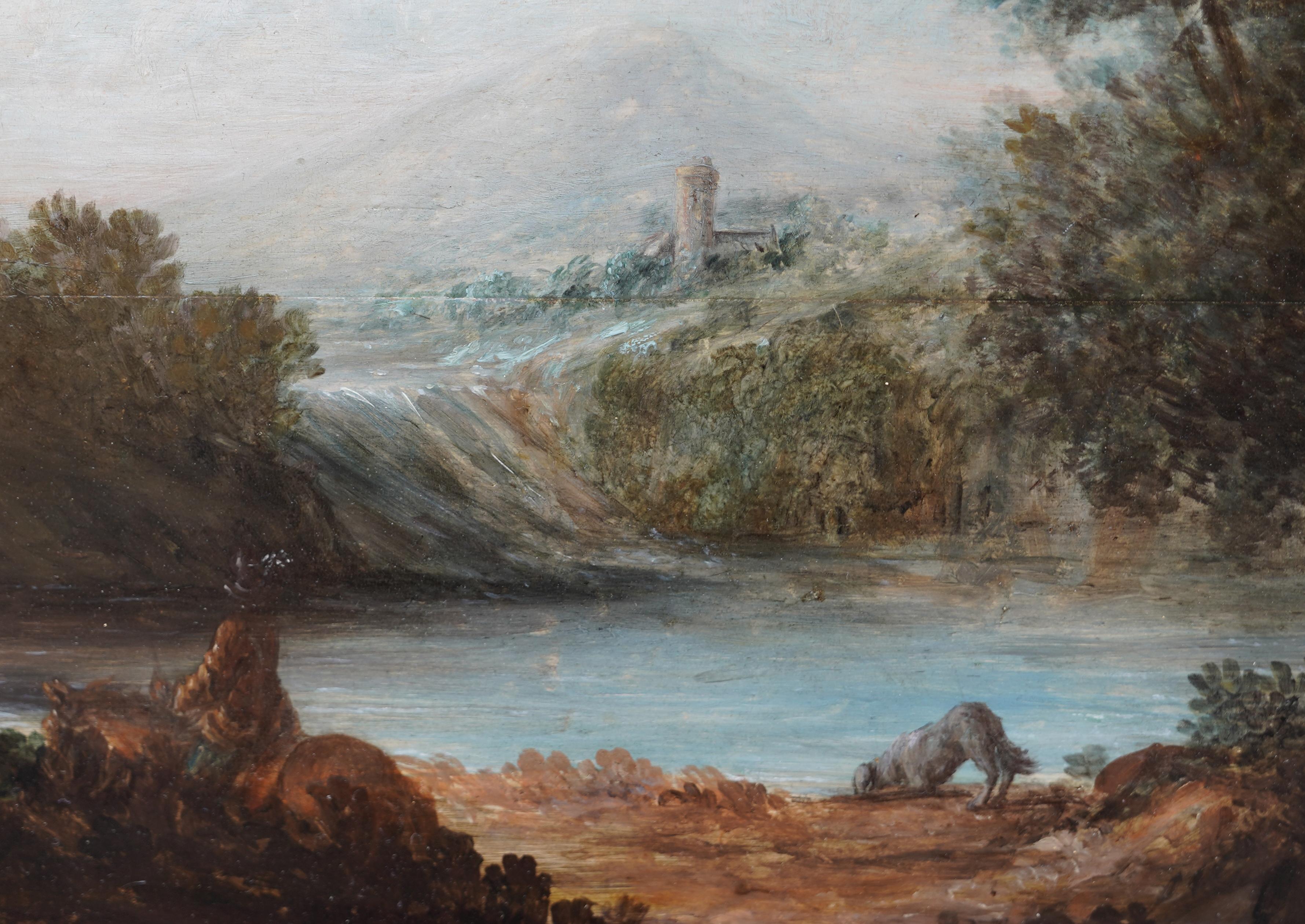 A delightful oil on panel with Claudian blues and pinks in the sky. This is a stunning Old Master circa 1770 landscape in the 18th century Romantic landscape tradition which could be attributed to the circle of Thomas Gainsborough. It is in good