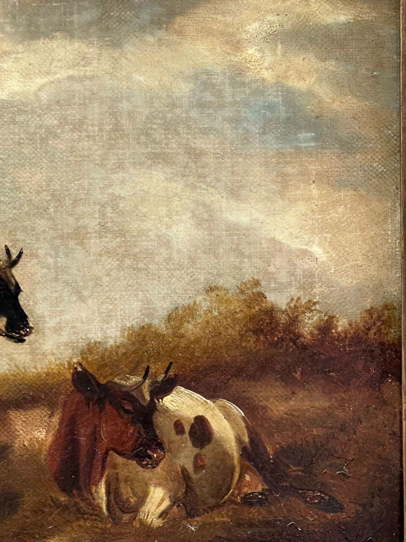 Pittura ad olio inglese del XIX secolo Bovini in un tranquillo paesaggio pastorale incorniciata in vendita 1