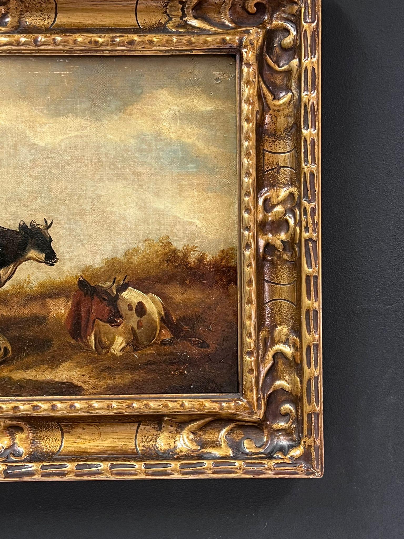 Pittura ad olio inglese del XIX secolo Bovini in un tranquillo paesaggio pastorale incorniciata in vendita 2