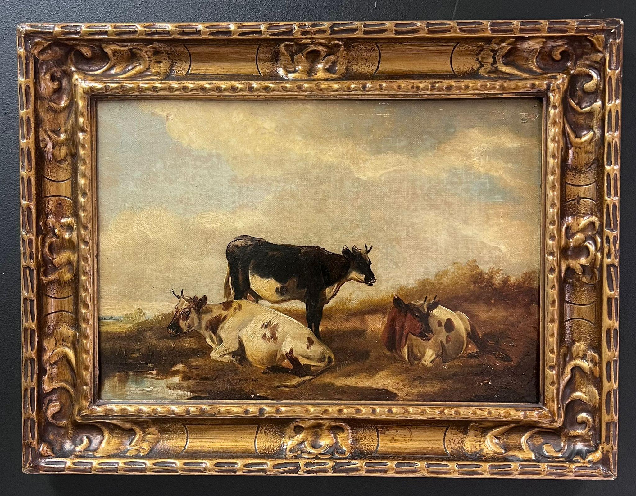Pittura ad olio inglese del XIX secolo Bovini in un tranquillo paesaggio pastorale incorniciata in vendita 3