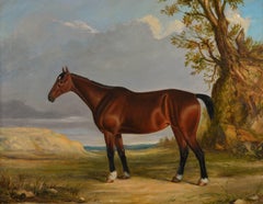 Early 19th Century horse portrait oil painting of a Bay hunter in a landscape