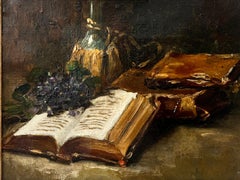 Antique Late 19th Century Post-Impressionist Oil Painting Still Life of Wine & Open Book
