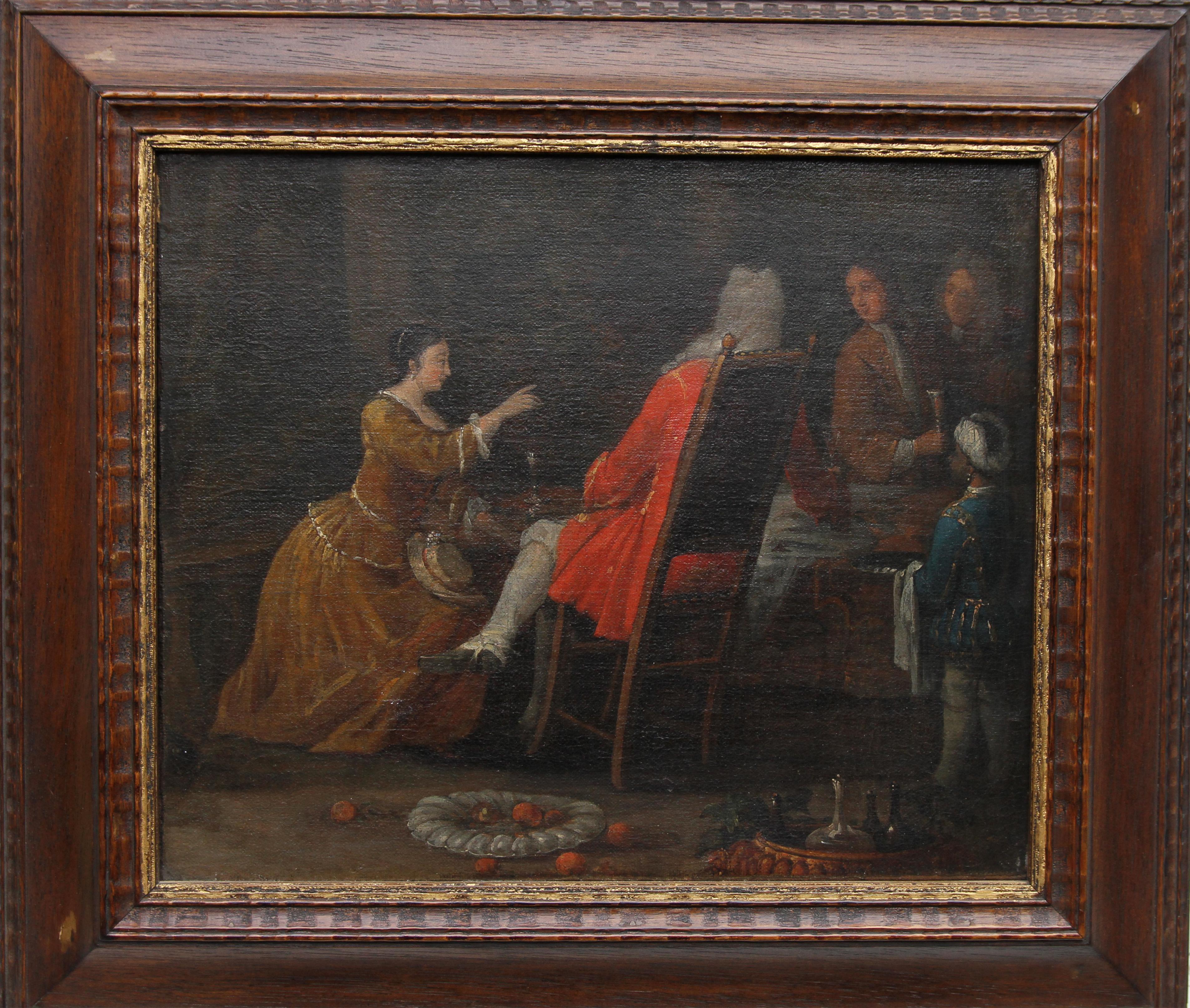 The Serving - British Old Master 18th century oil painting historical interior