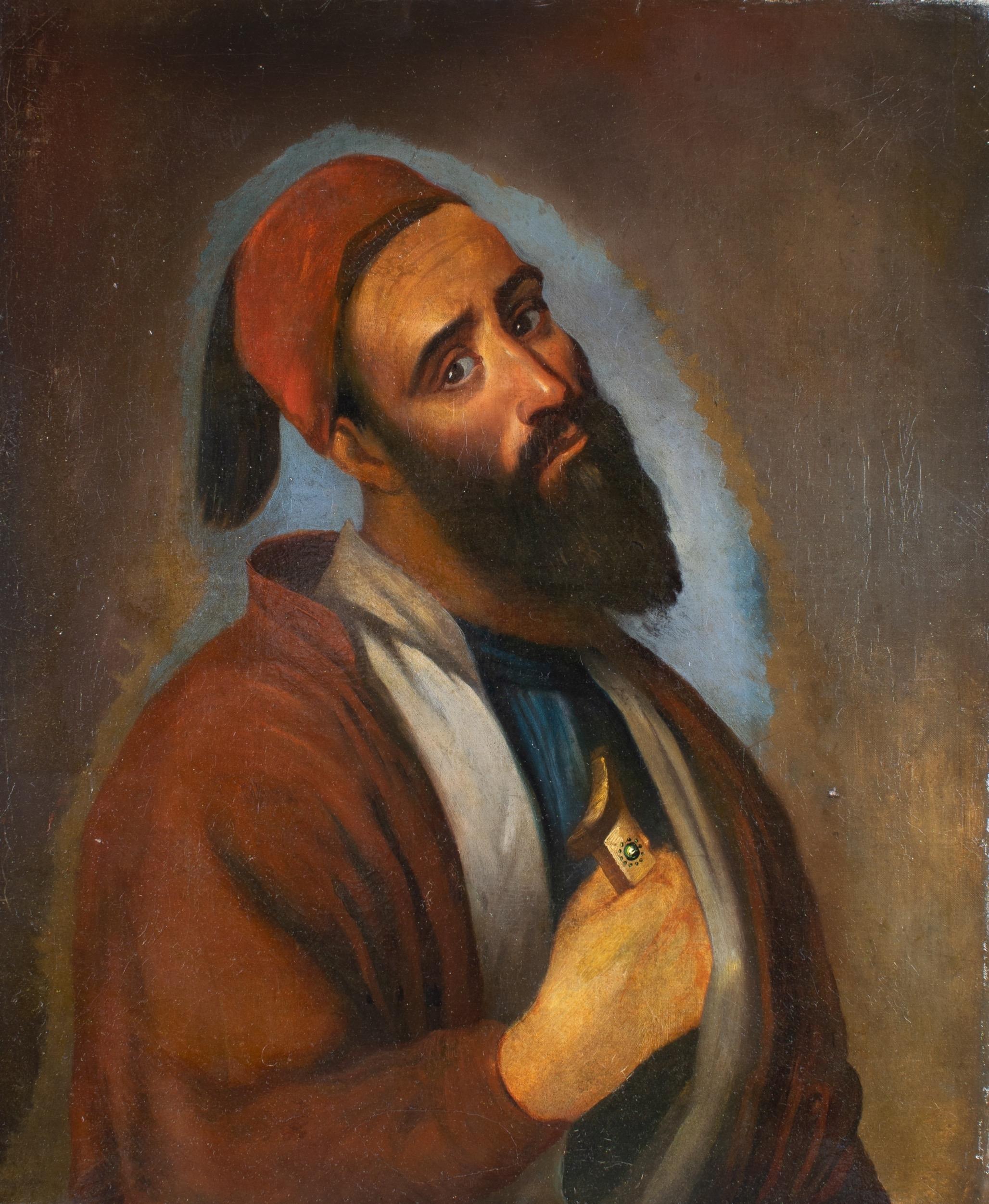 Fine 1840's Portrait of a Bearded Man in a Fez Hat large Oil Painting on Canvas