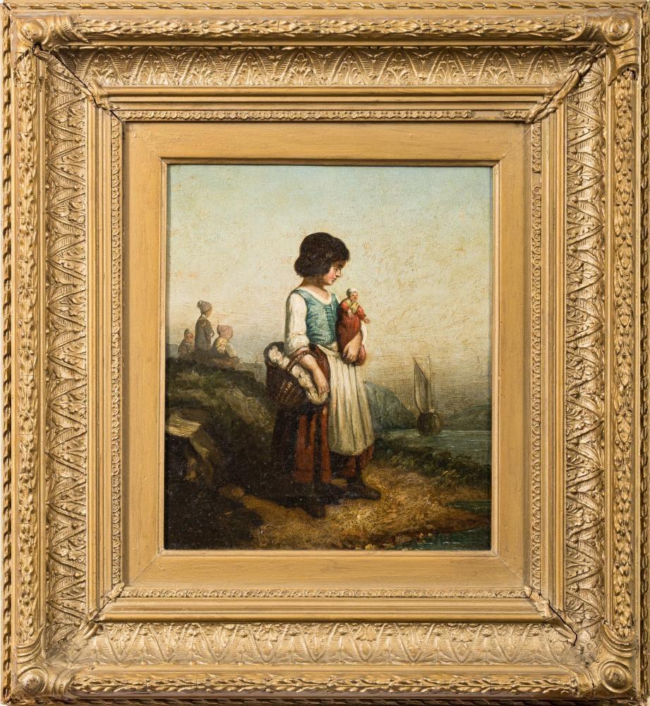 Circle of William Shayer Landscape Painting - Victorian Oil Painting Young Girl Looking out to Sea Coastal Cliff Beach