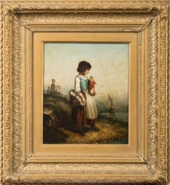 Victorian Oil Painting Young Girl Looking out to Sea Coastal Cliff Beach