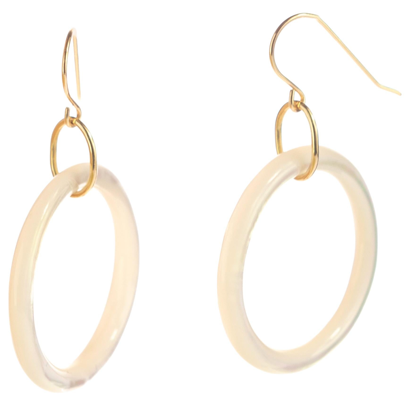 Circle Round Mother of Pearl Donut 18 Karat Yellow Gold Egg Dangle Drop Earrings For Sale