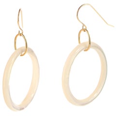 Circle Round Mother of Pearl Donut 18 Karat Yellow Gold Egg Dangle Drop Earrings