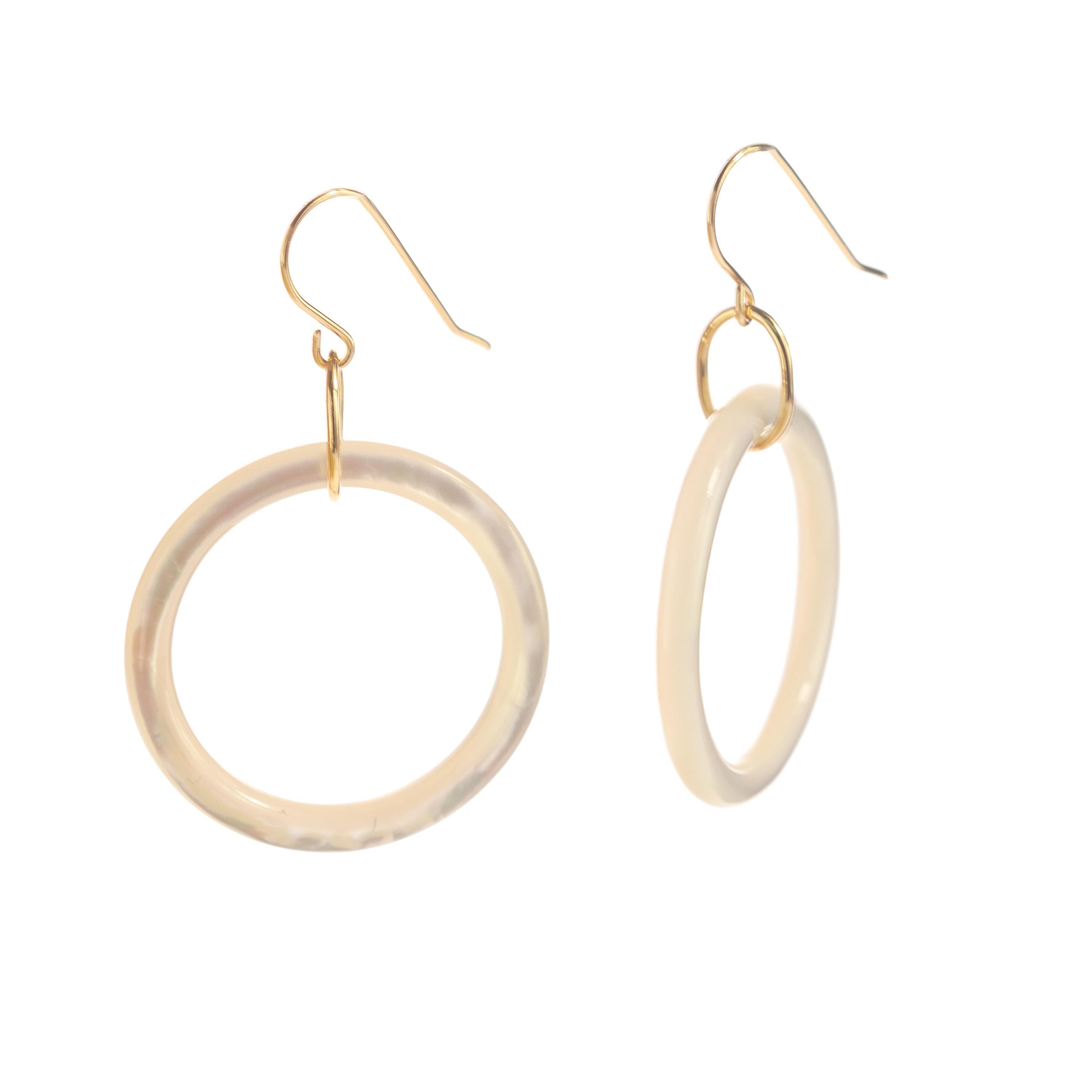 Women's Circle Round Mother of Pearl Donut 18 Karat Yellow Gold Egg Dangle Drop Earrings For Sale