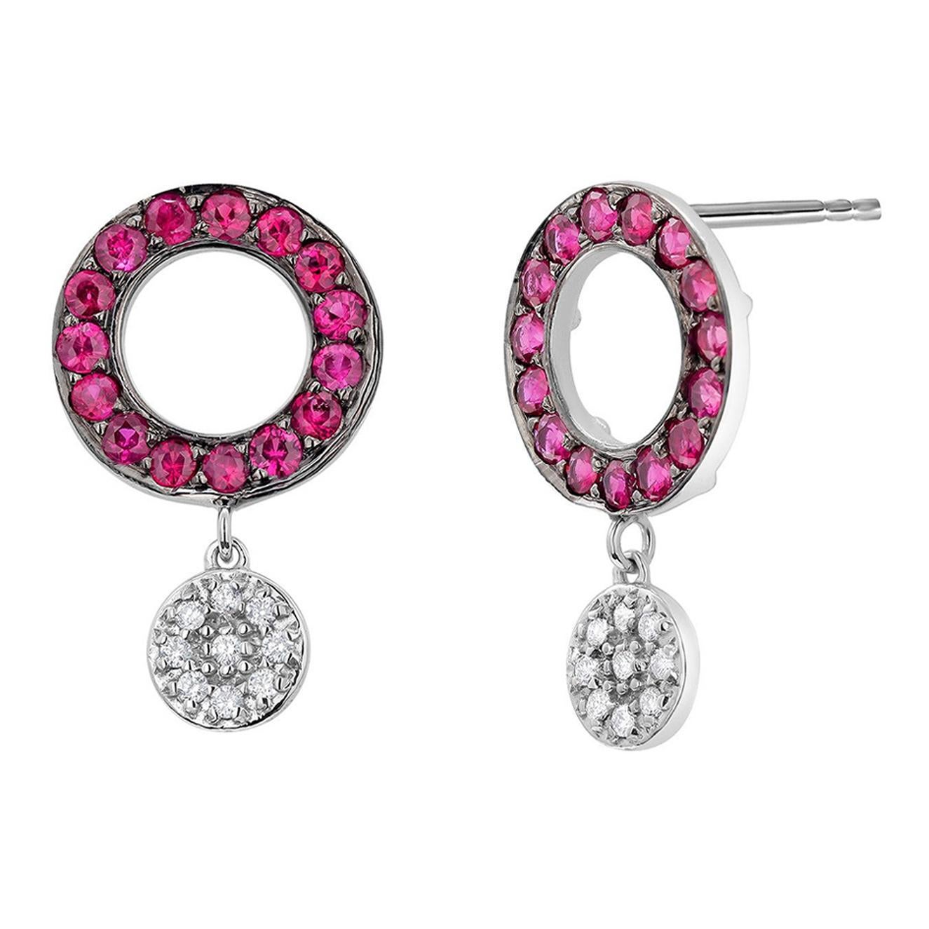 Circle Ruby and Dangle Diamond White Gold Cluster Earrings
