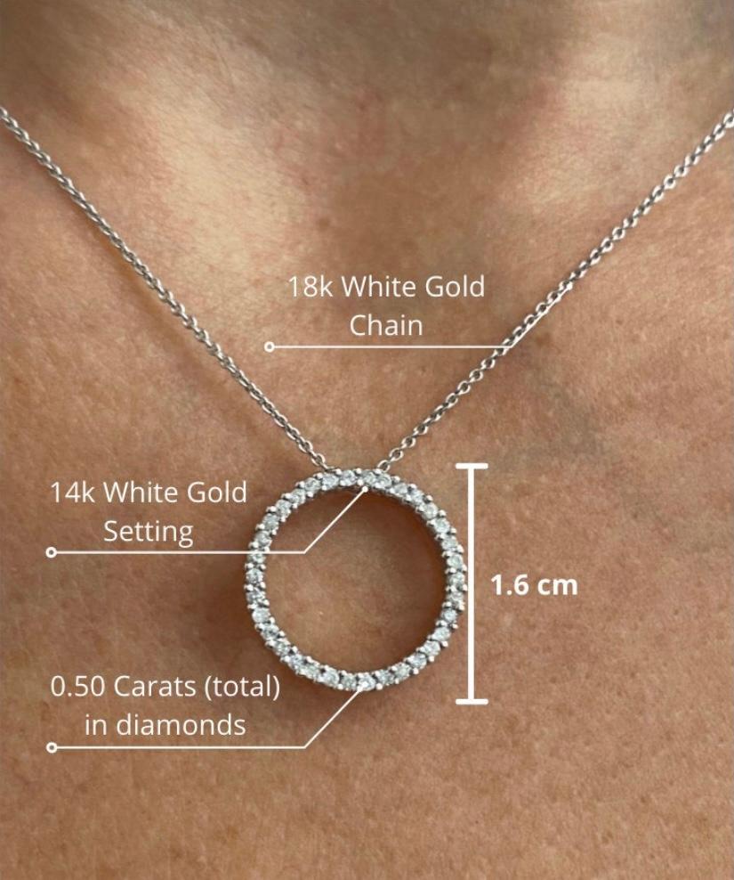 Women's Circle Shape Natural Round Diamond Pave Pendant in 14k Solid White Gold For Sale