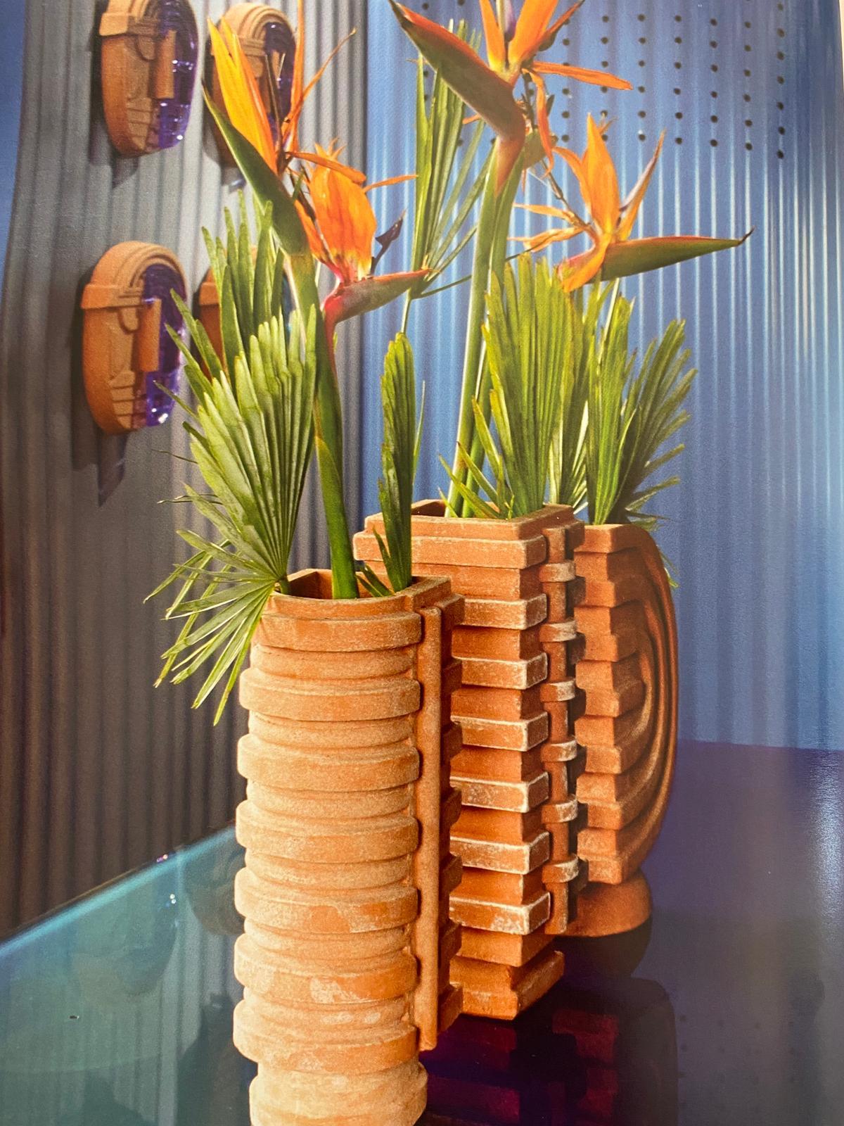 Hand-Carved Circle Skyscrapers, Handmade Ceramic Table Vases For Sale