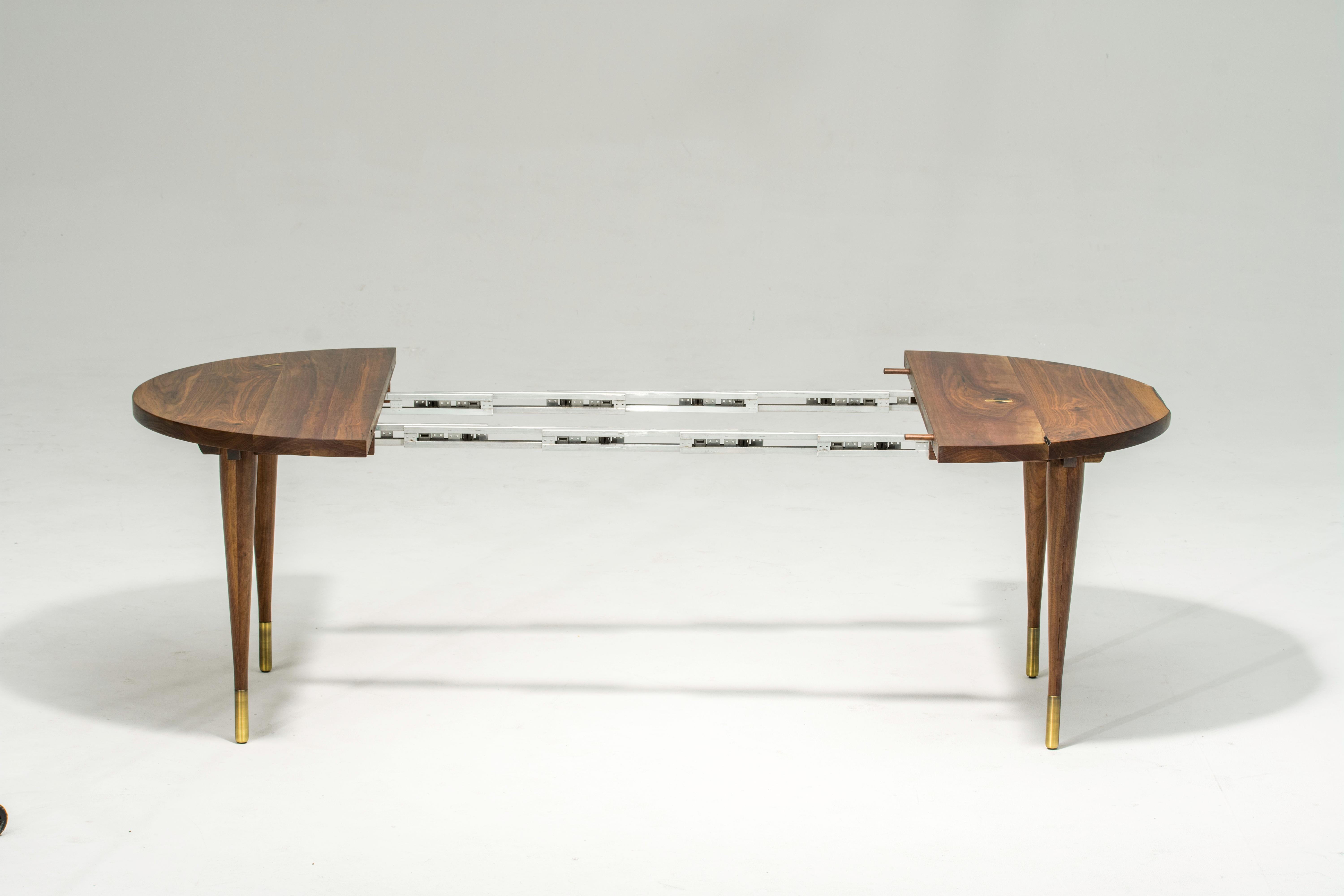 Modern Circle Walnut Expanding Dining Table w/ Brass Capped Legs 