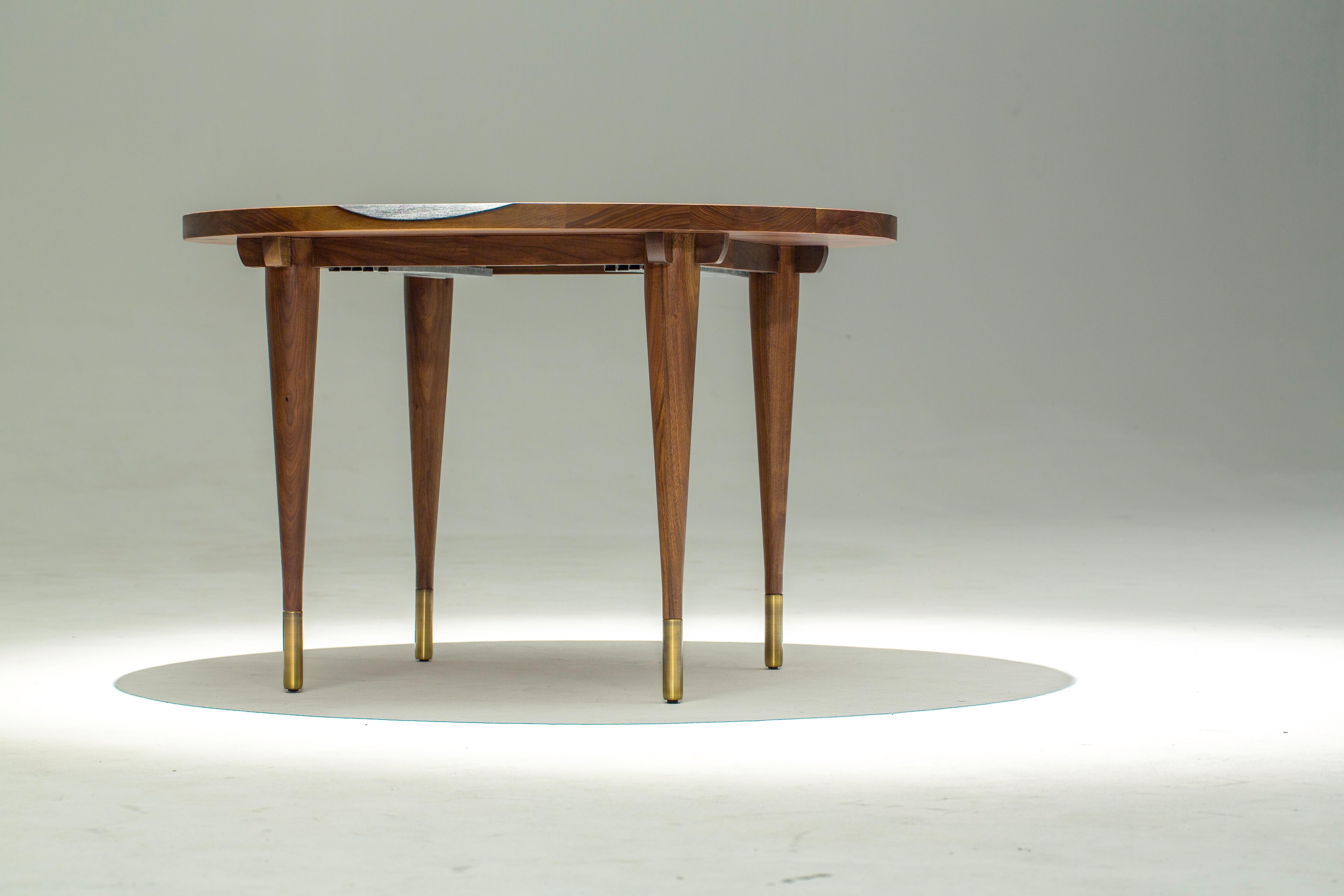 Circle Walnut Expanding Dining Table w/ Brass Capped Legs 